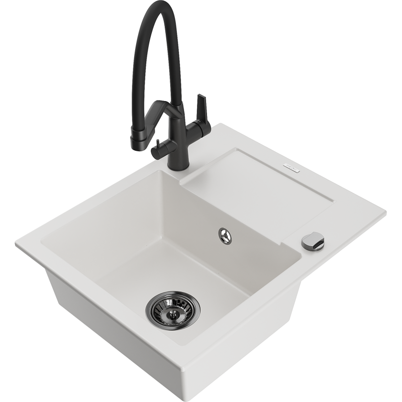 Mexen Enzo 1-bowl granite sink with drainer and Duo kitchen tap, white - 6506-20-671701-70-B