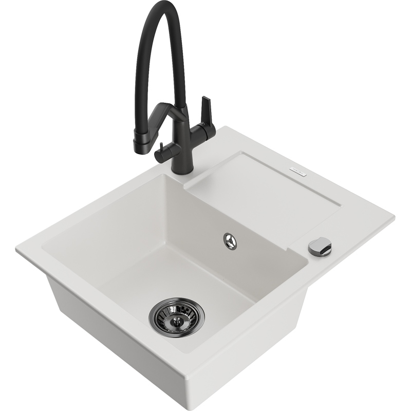 Mexen Enzo fregadero de granito de 1 seno con escurridor y grifo de cocina Duo, blanco - 6506-20-671701-70-B