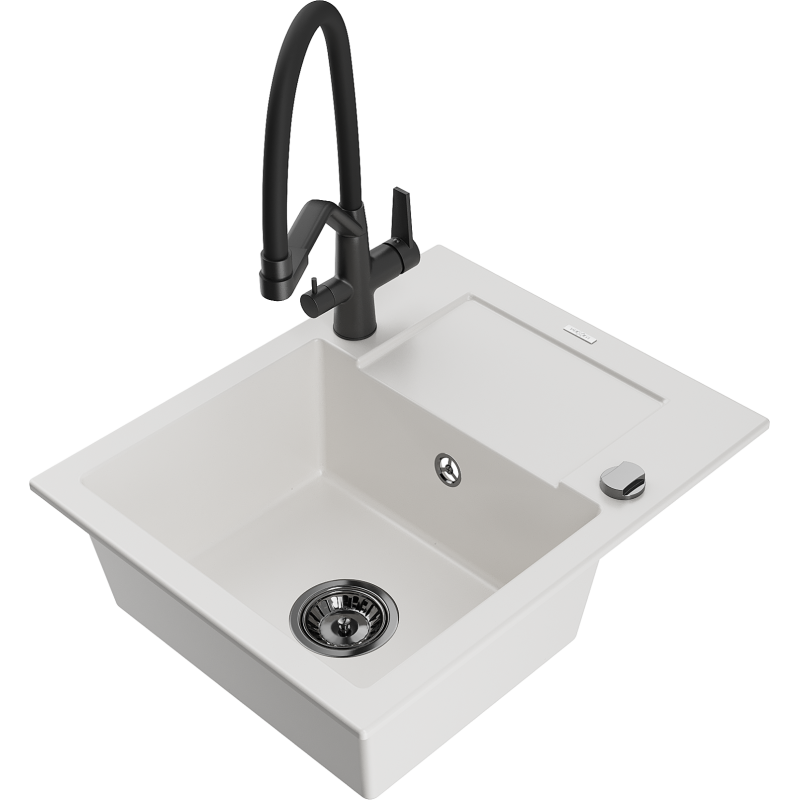 Mexen Enzo lavello da cucina in granito con 1 vasca e scolapiatti e rubinetto Duo, bianco - 6506-20-671701-70-B