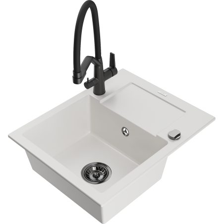 Mexen Enzo 1-bowl granite sink with drainer and Duo kitchen tap, white - 6506-20-671701-70-B
