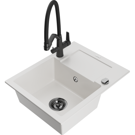 Mexen Enzo fregadero de granito de 1 cubeta con escurridor y grifo de cocina Duo, blanco - 6506-20-671701-70-B