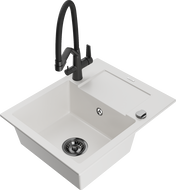 Mexen Enzo 1-bowl granite sink with drainer and Duo kitchen tap, white - 6506-20-671701-70-B