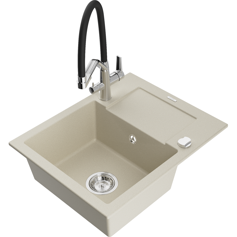 Mexen Enzo lava-louça de granito de 1 bacia com escorredor e torneira de cozinha Duo, bege - 6506-69-671701-07