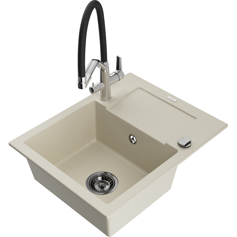 Mexen Enzo granieten gootsteen 1-kompartment met afdruiprek en keukenmengkraan Duo, beige - 6506-69-671701-07-B