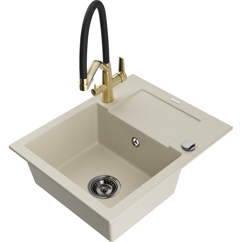Mexen Enzo évier en granit à 1 bac avec égouttoir et robinet de cuisine Duo, beige - 6506-69-671701-57-B