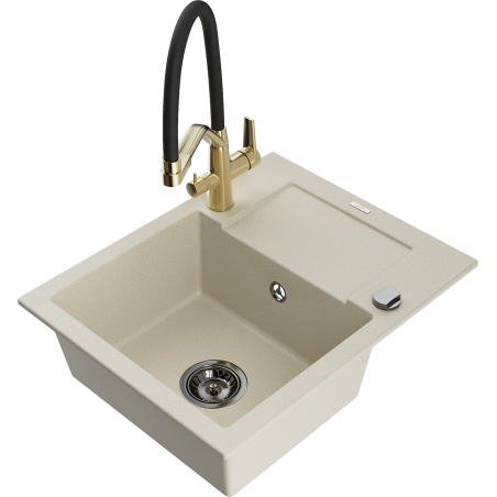 Mexen Enzo granieten spoelbak met 1 bak met afdruiprek en keukenkraan Duo, beige - 6506-69-671701-57-B