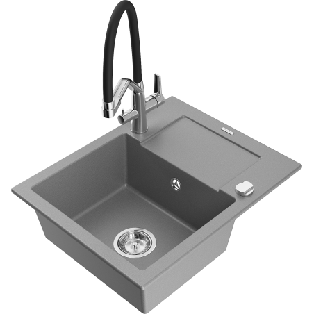 Mexen Enzo granieten spoelbak met 1 bak, afdruipplaat en Duo keukenmengkraan, grijs - 6506-71-671701-07