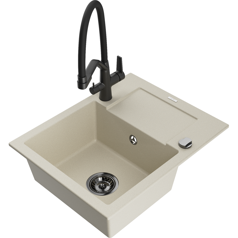 Mexen Enzo fregadero de granito de 1 seno con escurridor y grifo de cocina Duo, beige - 6506-69-671701-70-B
