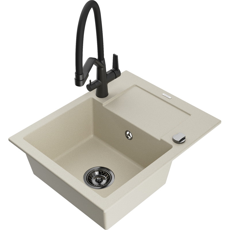 Mexen Enzo granit gootsteen met 1 compartiment met afdruiprek en keukenmengkraan Duo, beige - 6506-69-671701-70-B