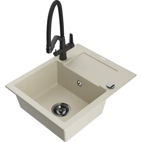 Mexen Enzo évier en granit 1 bac avec égouttoir et robinet de cuisine Duo, beige - 6506-69-671701-70-B