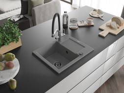 Mexen Enzo 1-bowl granite sink with drainer and Duo kitchen tap, grey - 6506-71-671701-07-B