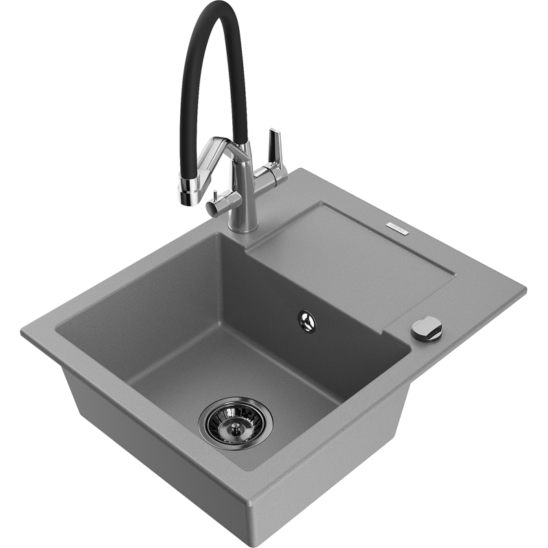 Mexen Enzo 1-bowl granite sink with drainer and Duo kitchen tap, grey - 6506-71-671701-07-B