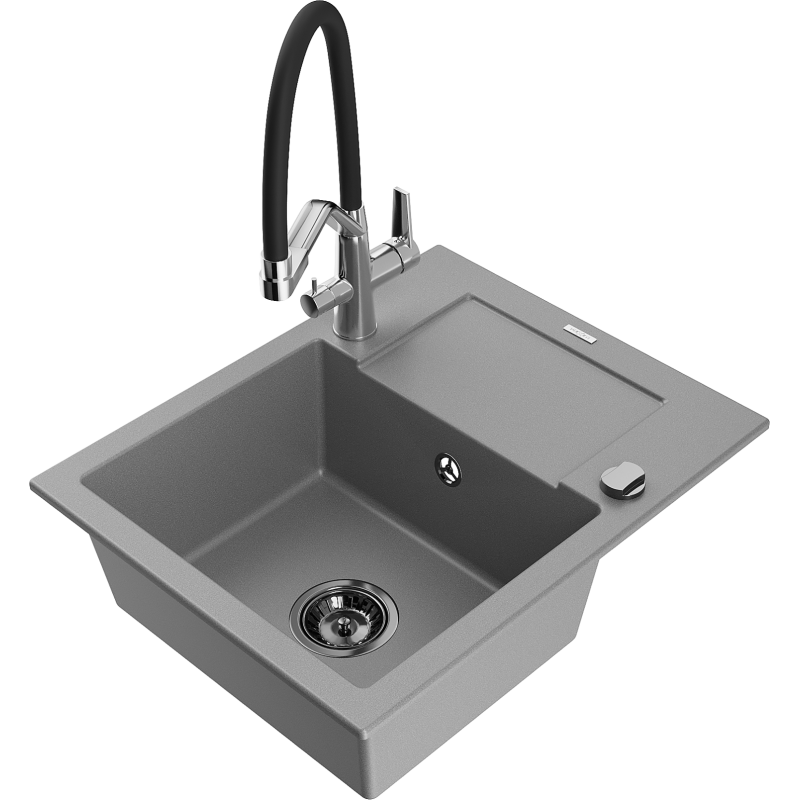 Mexen Enzo granit-diskbänk med en diskho och avrinning samt Duo köksblandare, grå - 6506-71-671701-07-B
