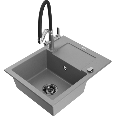 Mexen Enzo 1-bowl granite sink with drainer and Duo kitchen tap, grey - 6506-71-671701-07-B