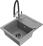 Mexen Enzo 1-bowl granite sink with drainer and Duo kitchen tap, grey - 6506-71-671701-07-B