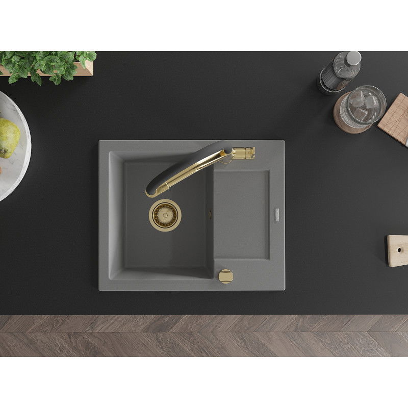 Mexen Enzo fregadero de granito 1-cubeta con escurridor y grifo de cocina Duo, gris - 6506-71-671701-57-G