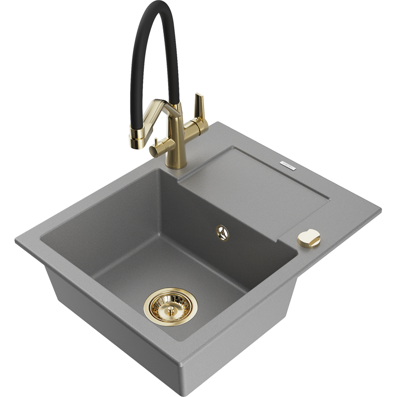 Mexen Enzo fregadero de granito 1-cubeta con escurridor y grifo de cocina Duo, gris - 6506-71-671701-57-G