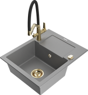 Mexen Enzo 1-bowl granite sink with drainer and Duo kitchen tap, grey - 6506-71-671701-57-G