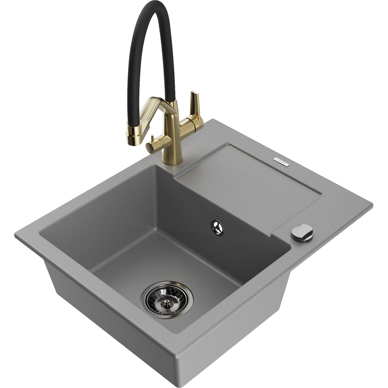 Mexen Enzo fregadero de granito de 1 cámara con escurridor y grifo de cocina Duo, gris - 6506-71-671701-57-B