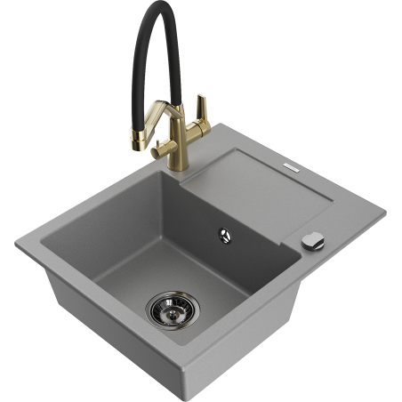 Mexen Enzo évier en granit à 1 bac avec égouttoir et robinet de cuisine Duo, gris - 6506-71-671701-57-B