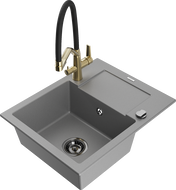 Mexen Enzo 1-bowl granite sink with drainer and Duo kitchen tap, grey - 6506-71-671701-57-B