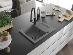 Mexen Enzo fregadero de granito 1-cubeta con escurridor y grifo de cocina Duo, gris - 6506-71-671701-70-B