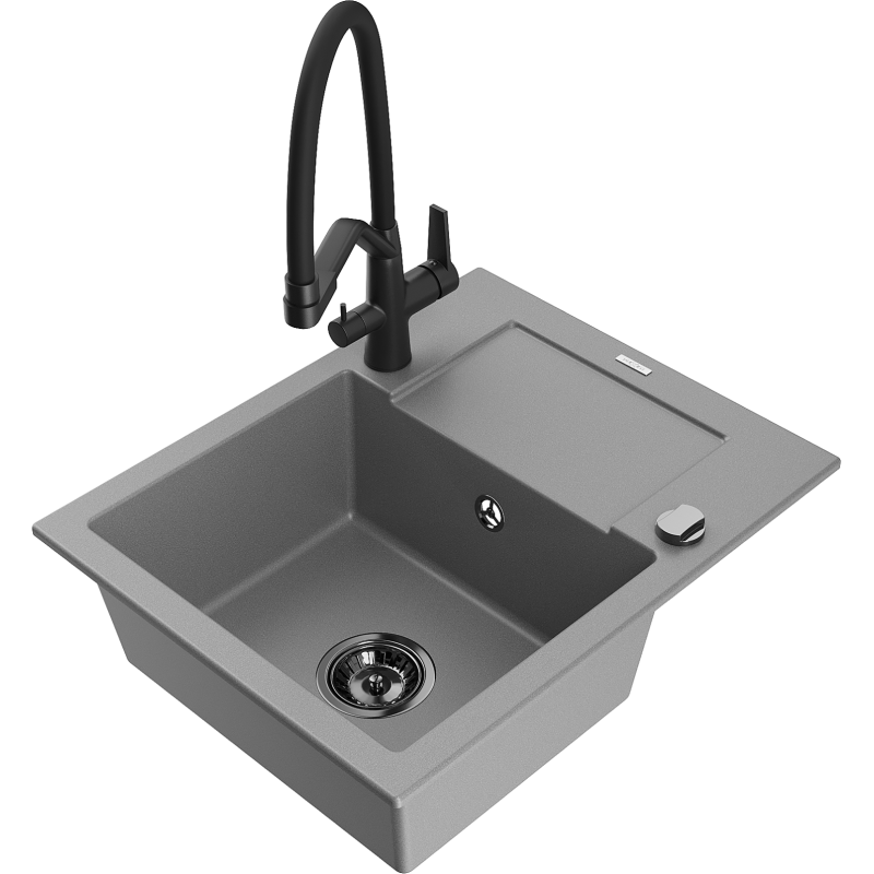 Mexen Enzo fregadero de granito 1-cubeta con escurridor y grifo de cocina Duo, gris - 6506-71-671701-70-B