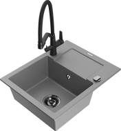 Mexen Enzo granite sink 1-bowl with drainer and Duo kitchen tap, grey - 6506-71-671701-70-B