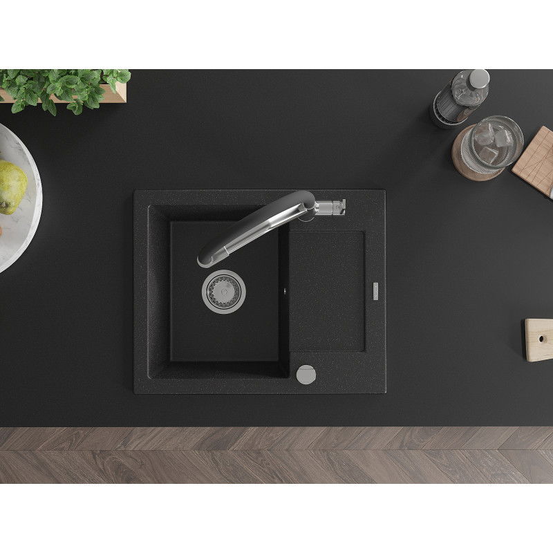Mexen Enzo Granitspüle 1-Becken mit Abtropffläche und Küchenarmatur Duo, schwarz/silber Metallic - 6506-73-671701-07