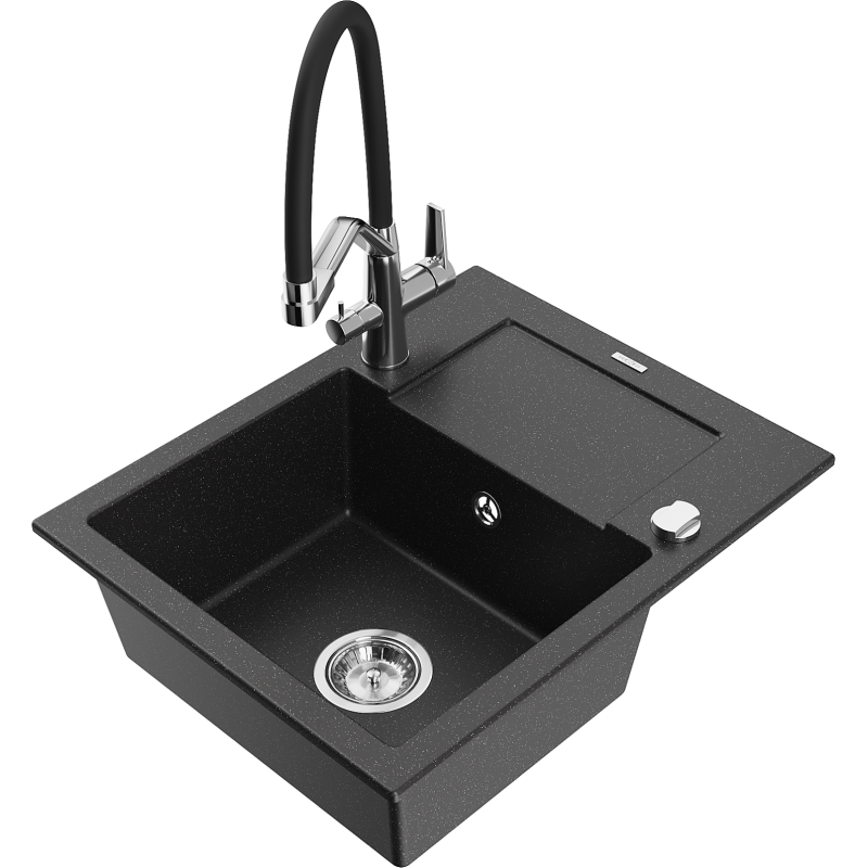 Mexen Enzo fregadero de granito de 1 seno con escurridor y grifo de cocina Duo, negro/plateado metálico - 6506-73-671701-07