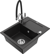 Mexen Enzo granite sink 1-bowl with drainer and Duo kitchen tap, black/silver metallic - 6506-73-671701-07
