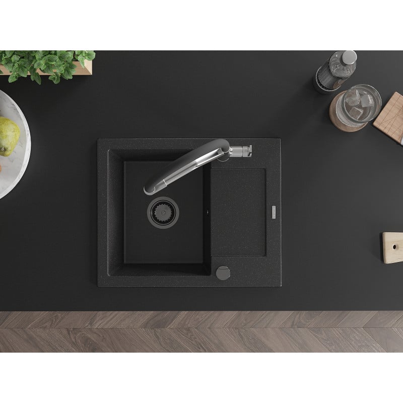 Mexen Enzo fregadero de granito de 1 seno con escurridor y grifo de cocina Duo, negro/plata metálica - 6506-73-671701-07-B
