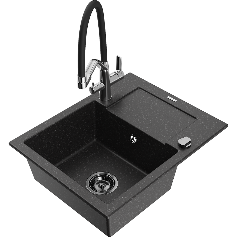 Mexen Enzo 1-bowl granite sink with drainer and Duo kitchen tap, black/silver metallic - 6506-73-671701-07-B