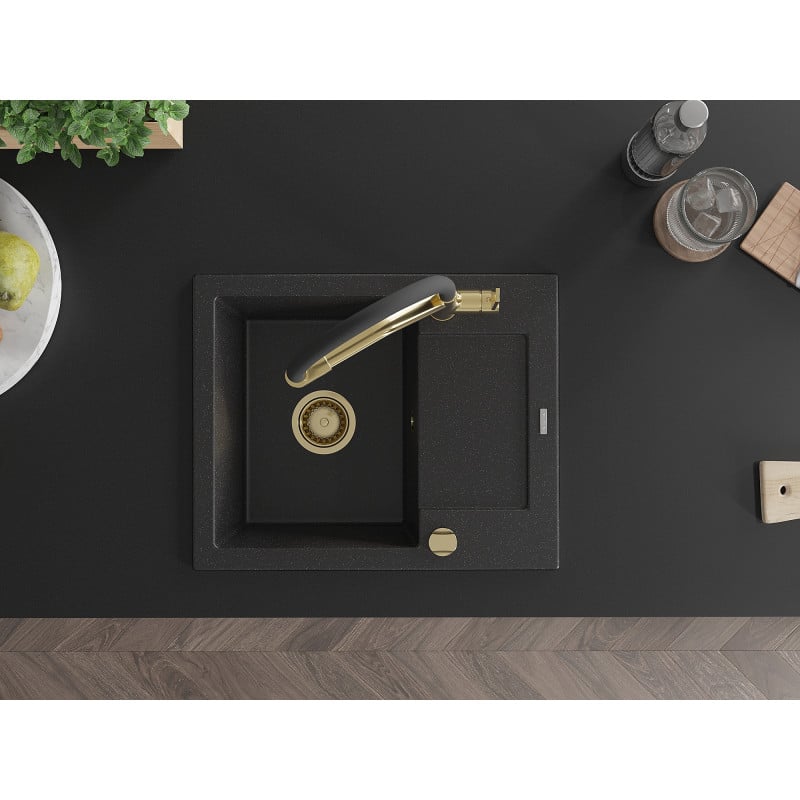 Mexen Enzo fregadero de granito de 1 seno con escurridor y grifo de cocina Duo, negro/plata metálica - 6506-73-671701-57-G