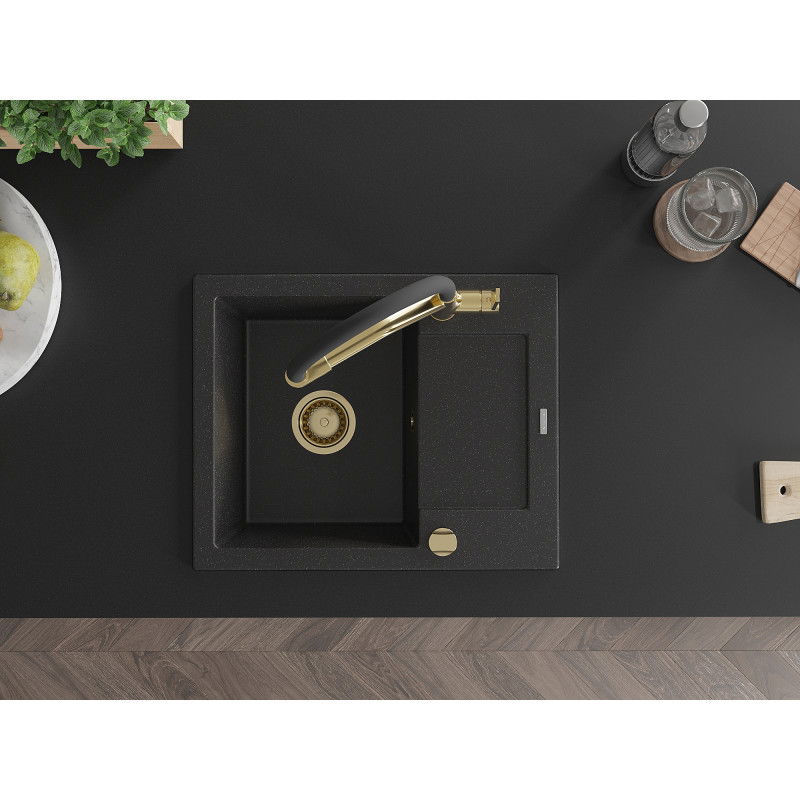 Mexen Enzo Granitspüle mit 1 Becken, Abtropffläche und Küchenarmatur Duo, schwarz/silber metallic - 6506-73-671701-57-G