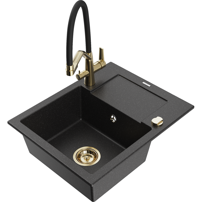 Mexen Enzo granieten gootsteen 1-kompartiment met afdruiprek en keukenkraan Duo, zwart/zilver metallic - 6506-73-671701-57-G