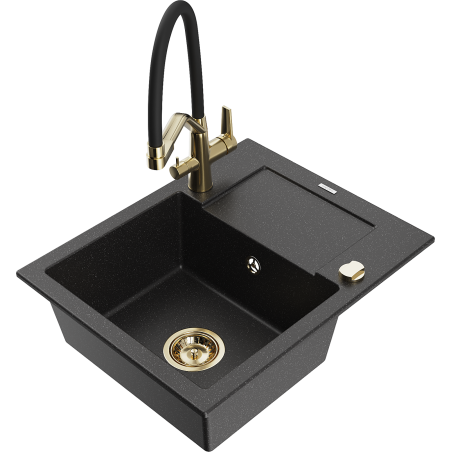 Mexen Enzo granieten gootsteen 1-kompartiment met afdruiprek en keukenkraan Duo, zwart/zilver metallic - 6506-73-671701-57-G