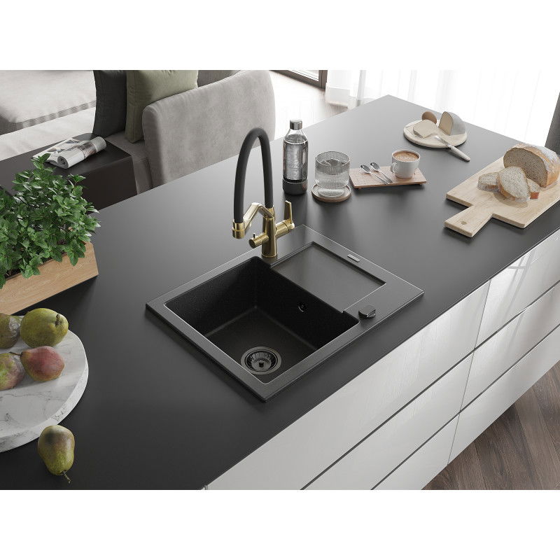 Mexen Enzo Granitspüle 1-Kammer mit Abtropffläche und Küchenarmatur Duo, schwarz/silber-metallic - 6506-73-671701-57-B