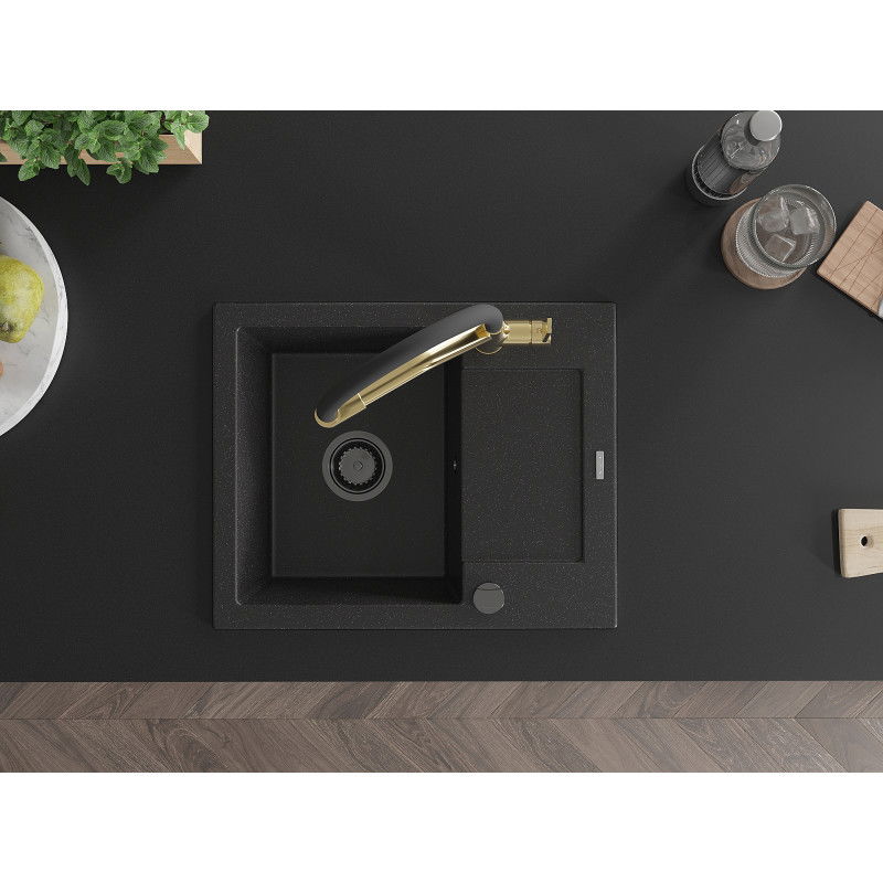 Mexen Enzo granieten spoelbak 1-kamer met druiprek en keukenkraan Duo, zwart/zilver metallic - 6506-73-671701-57-B