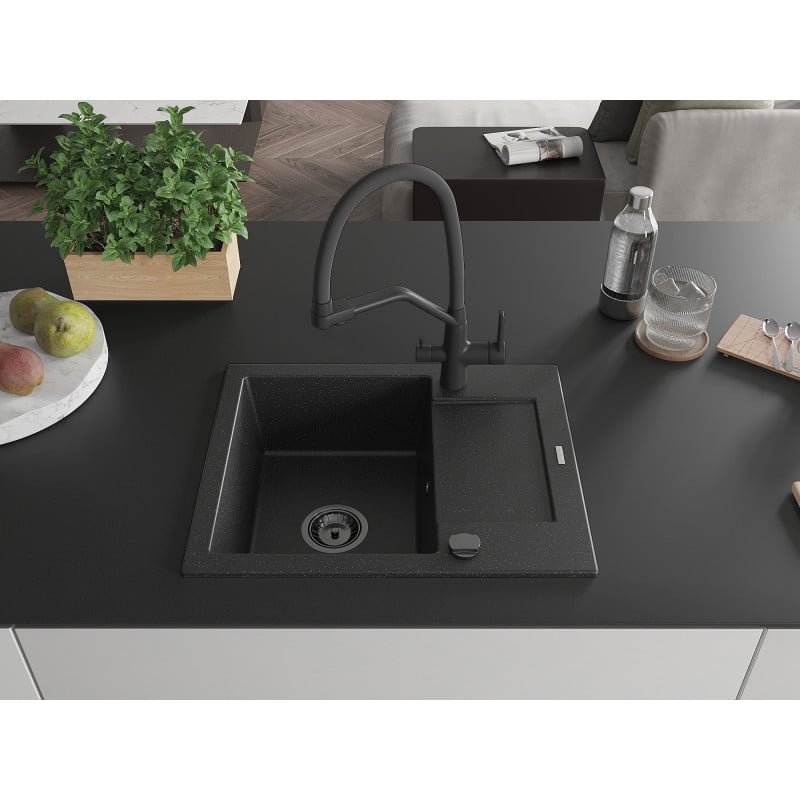 Mexen Enzo 1-bowl granite sink with drainer and Duo kitchen tap, black/silver metallic - 6506-73-671701-70-B