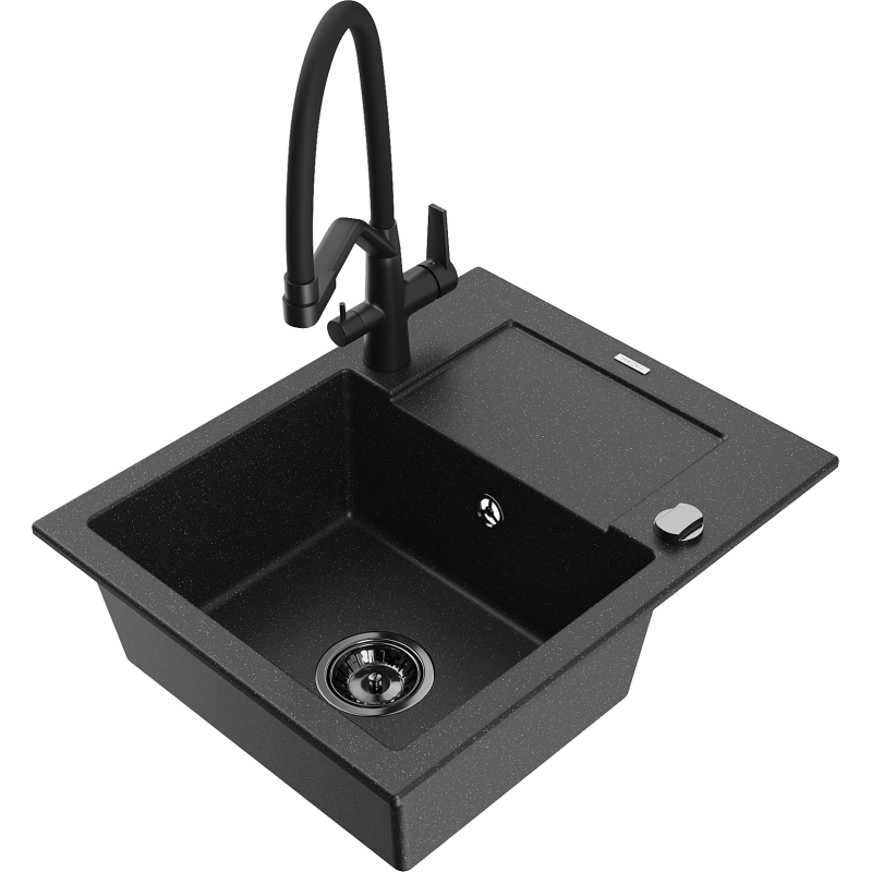 Mexen Enzo 1-bowl granite sink with drainer and Duo kitchen tap, black/silver metallic - 6506-73-671701-70-B