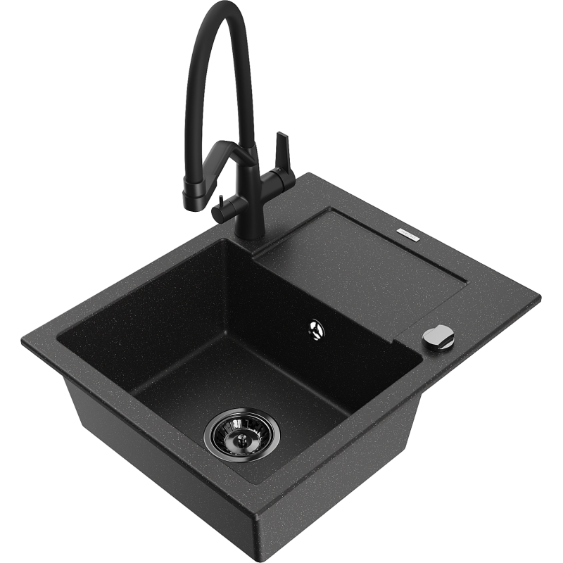 Mexen Enzo fregadero de granito de 1 cubeta con escurridor y grifo de cocina Duo, negro/plateado metálico - 6506-73-671701-70-B