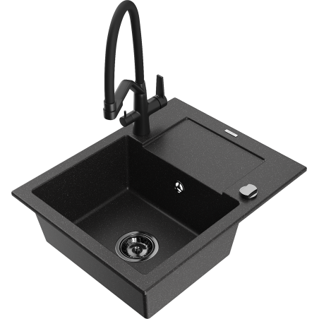 Mexen Enzo 1-bowl granite sink with drainer and Duo kitchen tap, black/silver metallic - 6506-73-671701-70-B