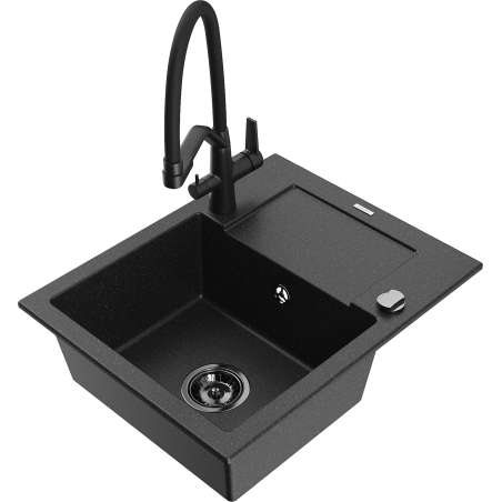 Mexen Enzo évier en granit 1 bac avec égouttoir et robinet de cuisine Duo, noir/argent métallique - 6506-73-671701-70-B