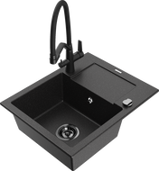 Mexen Enzo granite single-bowl sink with drainer and Duo kitchen faucet, black/silver metallic - 6506-73-671701-70-B