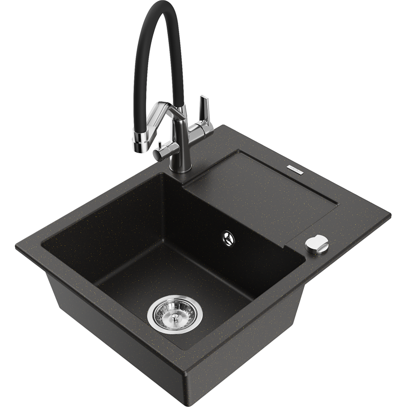 Mexen Enzo lava-loiça de granito de 1 cuba com escorredor e torneira de cozinha Duo, preto/dourado metalizado