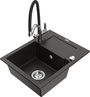 Mexen Enzo granite sink 1-bowl with drainer and Duo kitchen tap, black/gold metallic - 6506-75-671701-07