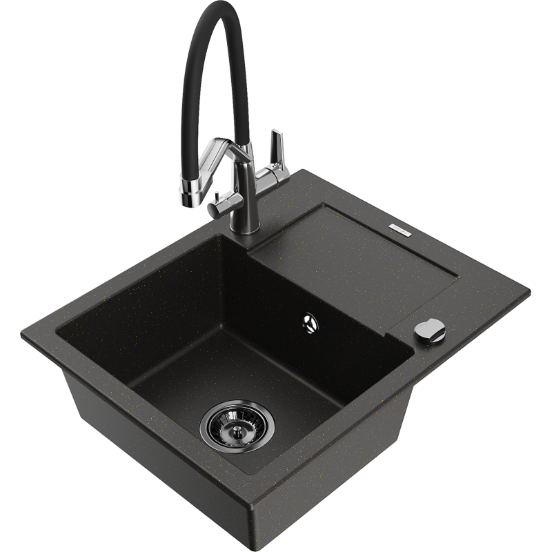 Mexen Enzo fregadero de granito de 1 cubeta con escurridor y grifo de cocina Duo, negro/dorado metálico - 6506-75-671701-07-B