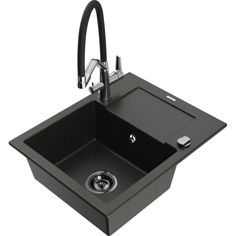 Mexen Enzo fregadero de granito de 1 seno con escurridor y grifo de cocina Duo, metalizado negro/dorado - 6506-75-671701-07-B