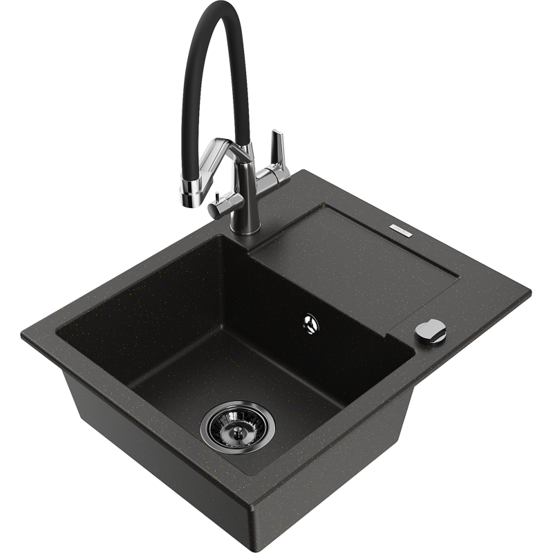 Mexen Enzo granieten gootsteen met 1 bak en afdruiprek en Duo keukenkraan, zwart/goud metallic - 6506-75-671701-07-B